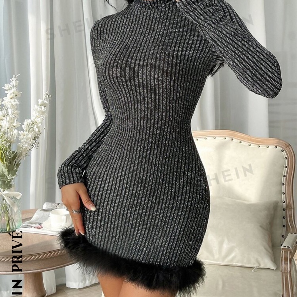 Black Long Sleeve Winter Dress Black Sparkly with Feathers
